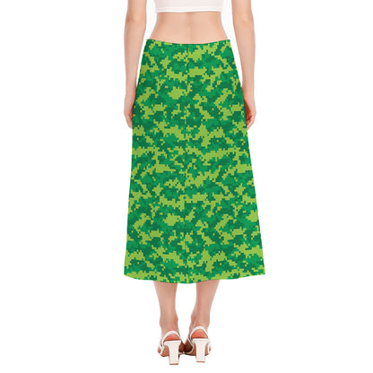Green Digital Camo Pattern Print Side Slit Midi Skirt