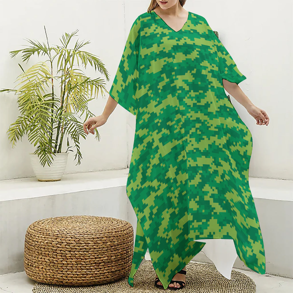 Green Digital Camo Pattern Print Silk V-Neck Kaftan Dress