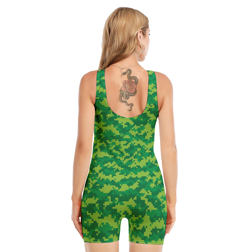 Green Digital Camo Pattern Print Sleeveless One Piece Swimsuit