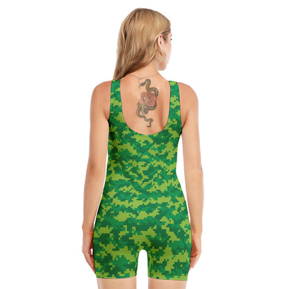 Green Digital Camo Pattern Print Sleeveless One Piece Swimsuit
