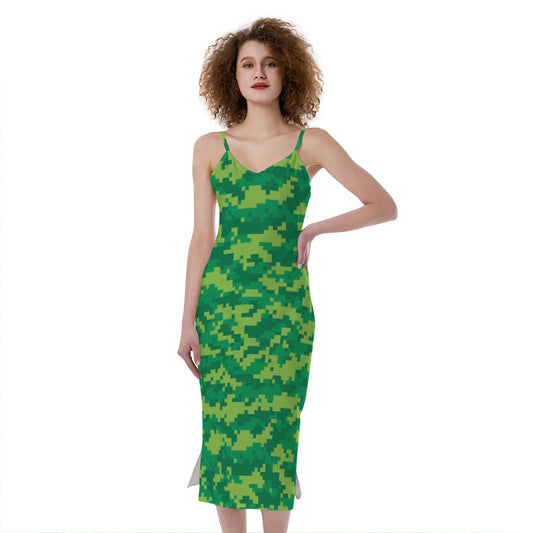 Green Digital Camo Pattern Print Slim Fit Midi Cami Dress