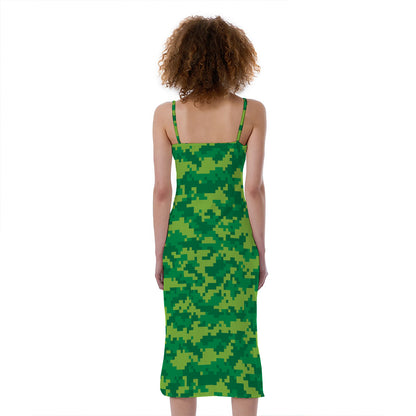 Green Digital Camo Pattern Print Slim Fit Midi Cami Dress
