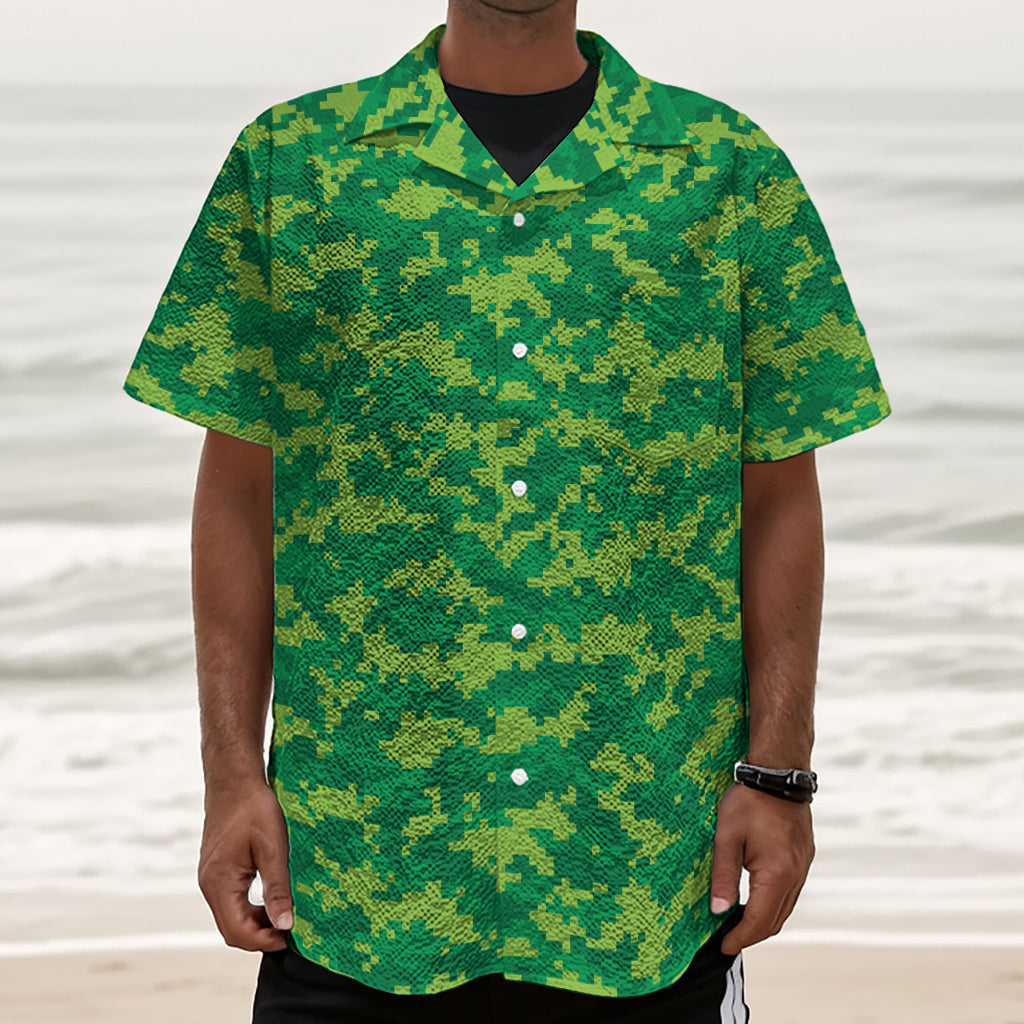 Green Digital Camo Pattern Print Textured Short Sleeve Shirt