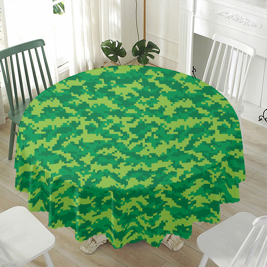 Green Digital Camo Pattern Print Waterproof Round Tablecloth