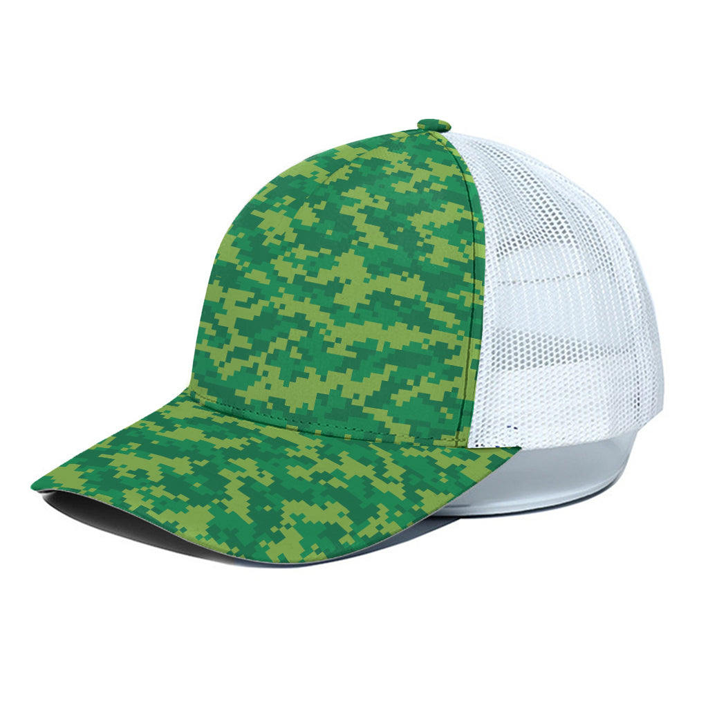 Green Digital Camo Pattern Print White Mesh Trucker Cap