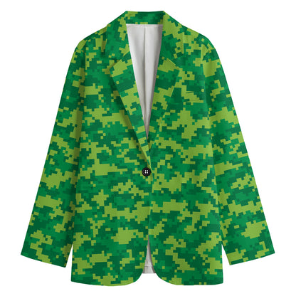 Green Digital Camo Pattern Print Women's Blazer