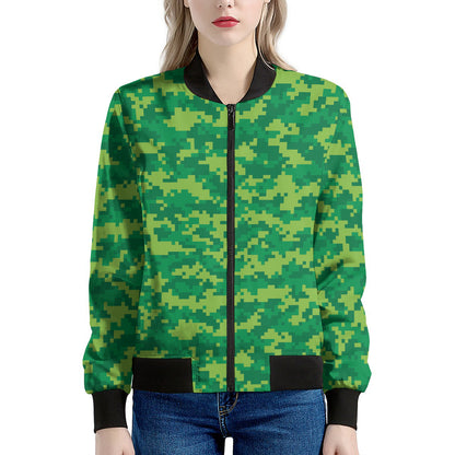 Green Digital Camo Pattern Print Women's Bomber Jacket