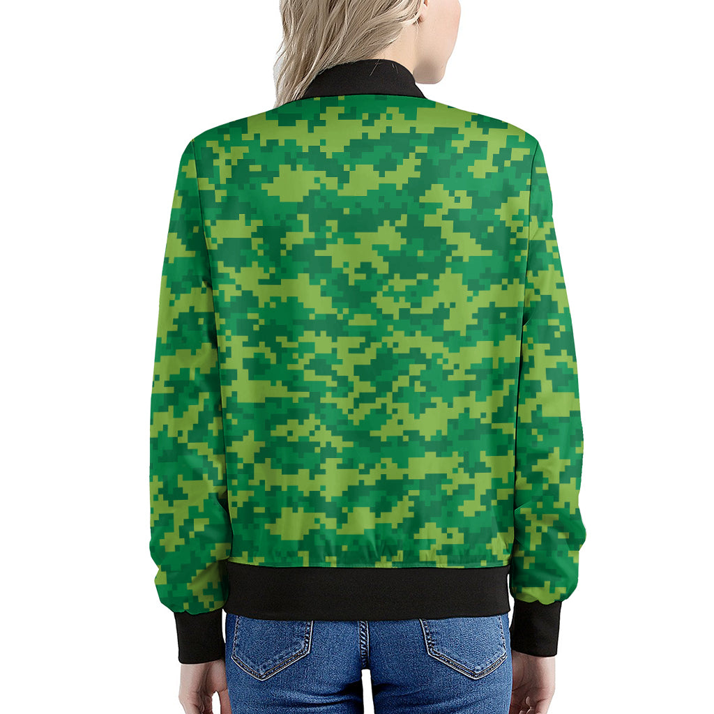 Green Digital Camo Pattern Print Women's Bomber Jacket