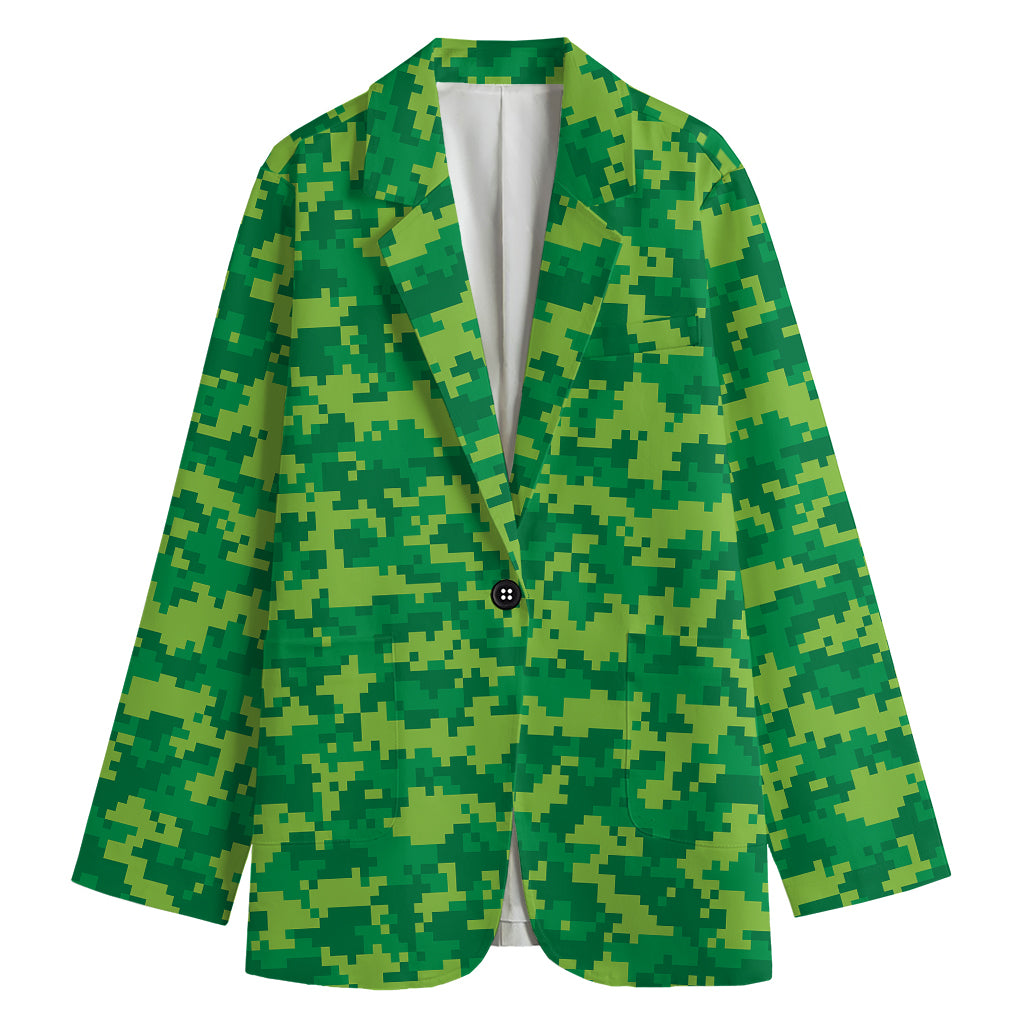 Green Digital Camo Pattern Print Women's Cotton Blazer