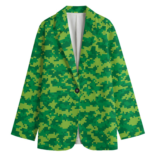 Green Digital Camo Pattern Print Women's Cotton Blazer