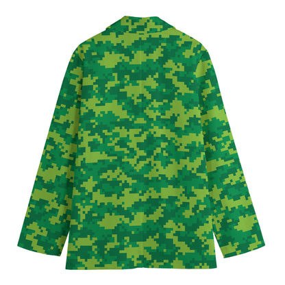 Green Digital Camo Pattern Print Women's Cotton Blazer