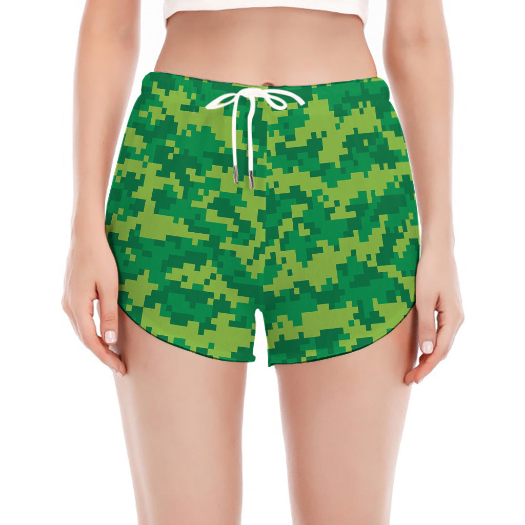Green Digital Camo Pattern Print Women's Split Running Shorts