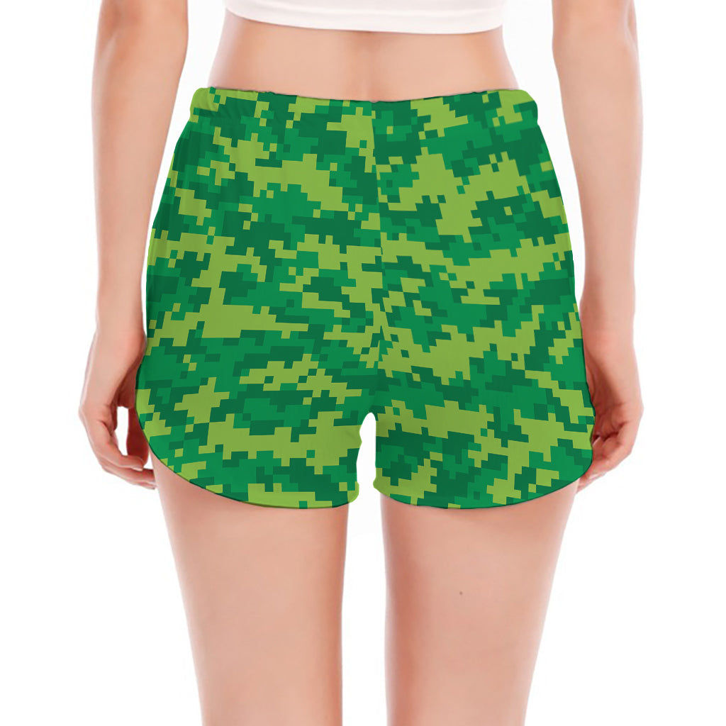 Green Digital Camo Pattern Print Women's Split Running Shorts