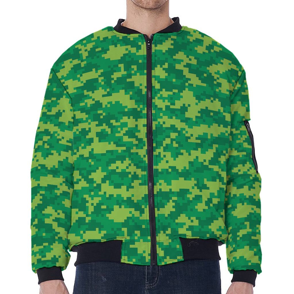 Green Digital Camo Pattern Print Zip Sleeve Bomber Jacket