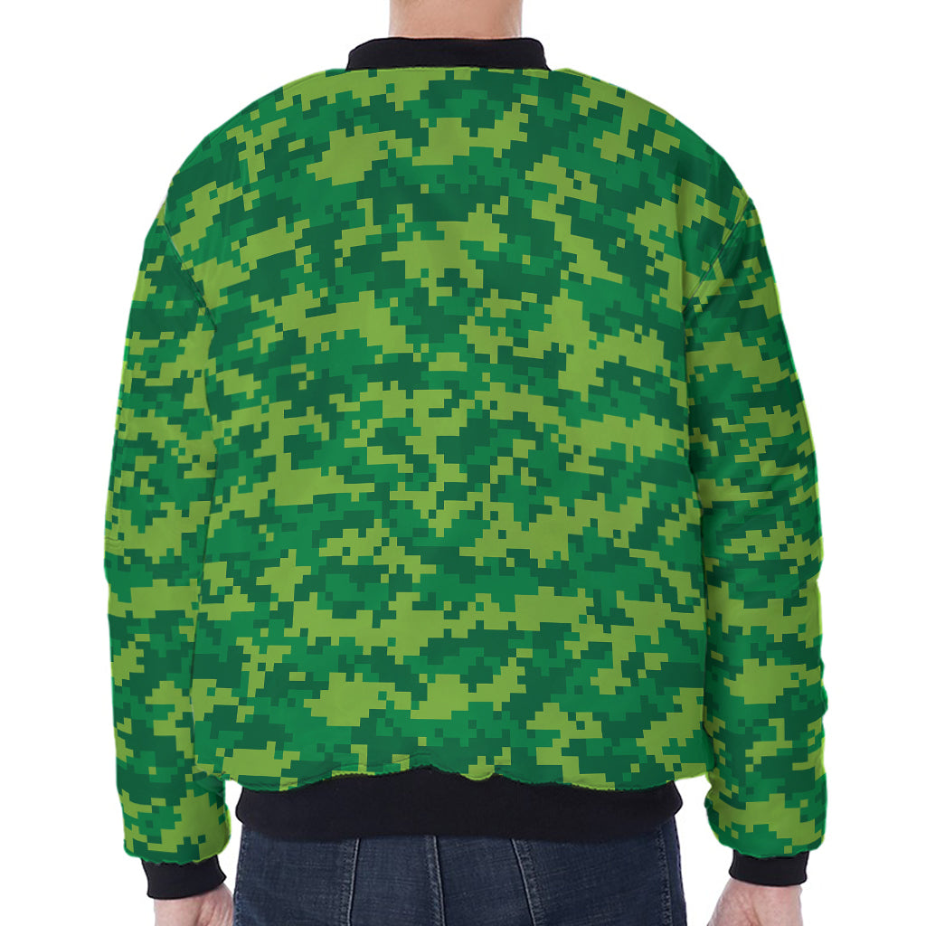 Green Digital Camo Pattern Print Zip Sleeve Bomber Jacket