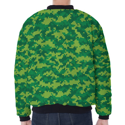Green Digital Camo Pattern Print Zip Sleeve Bomber Jacket
