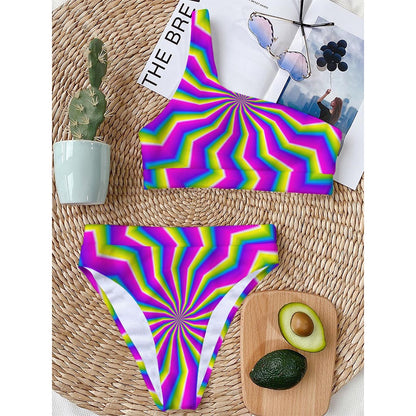 Green Dizzy Moving Optical Illusion One Shoulder Bikini Top