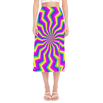 Green Dizzy Moving Optical Illusion Side Slit Midi Skirt