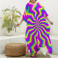 Green Dizzy Moving Optical Illusion Silk V-Neck Kaftan Dress