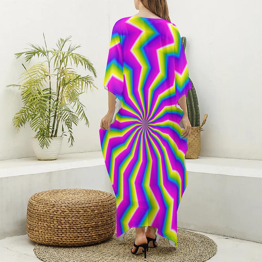 Green Dizzy Moving Optical Illusion Silk V-Neck Kaftan Dress