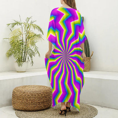 Green Dizzy Moving Optical Illusion Silk V-Neck Kaftan Dress