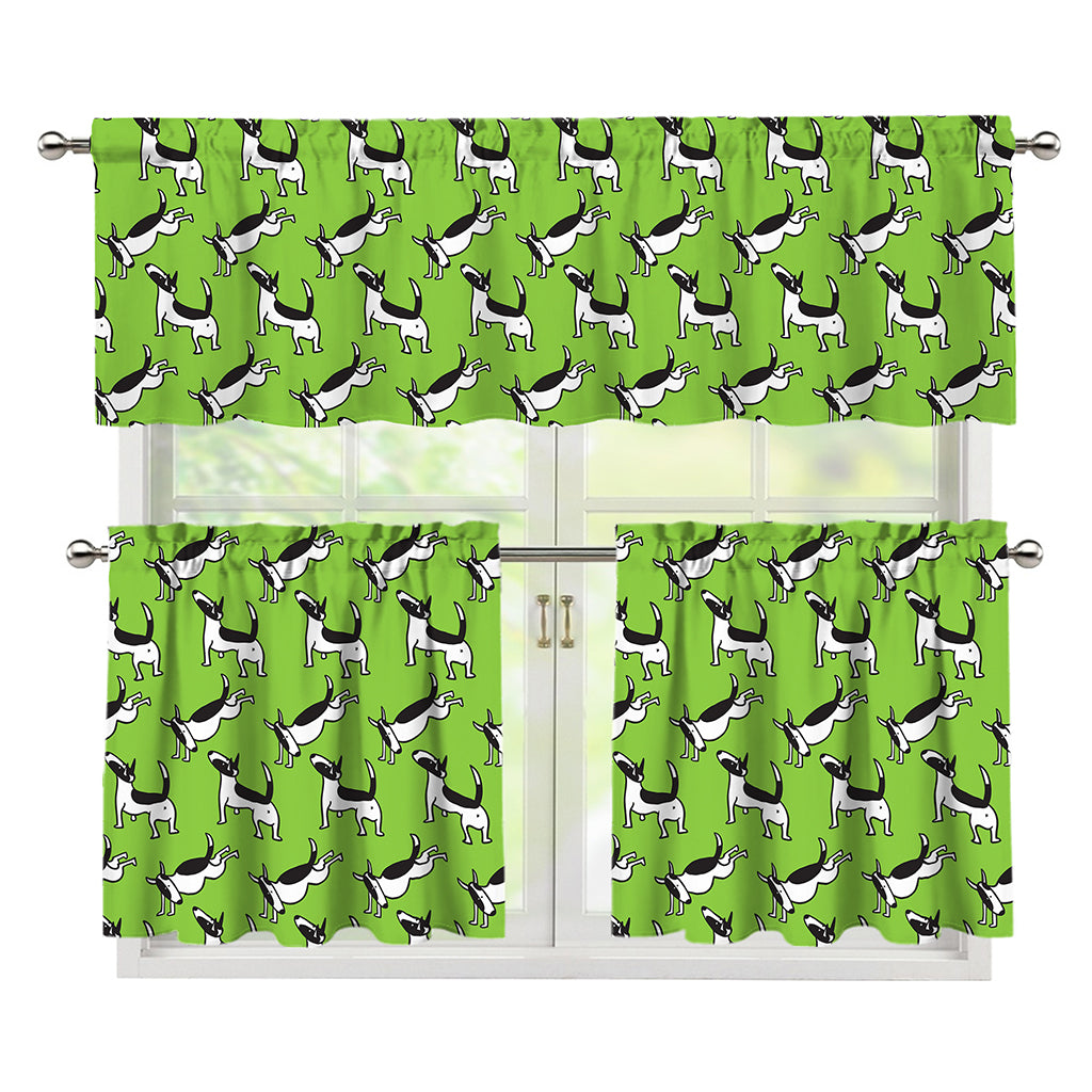 Green Doodle Bull Terrier Pattern Print 3 Piece Kitchen Curtains