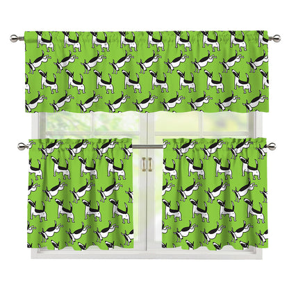 Green Doodle Bull Terrier Pattern Print 3 Piece Kitchen Curtains