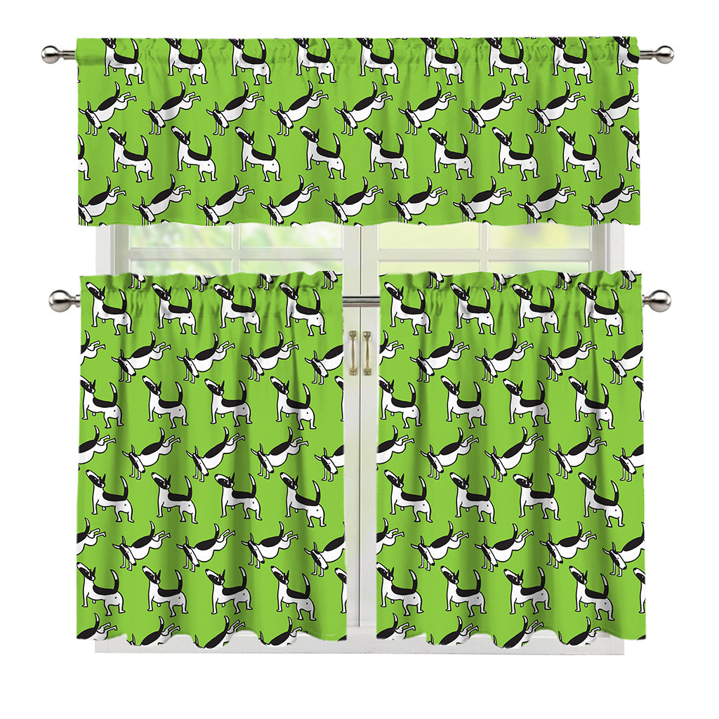 Green Doodle Bull Terrier Pattern Print 3 Piece Kitchen Curtains