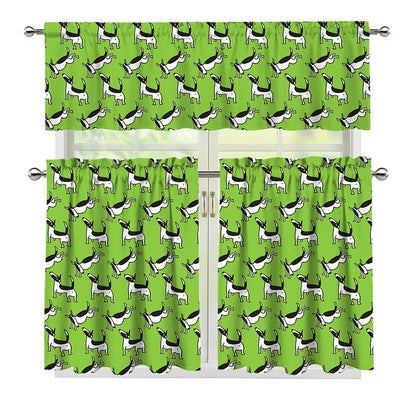Green Doodle Bull Terrier Pattern Print 3 Piece Kitchen Curtains