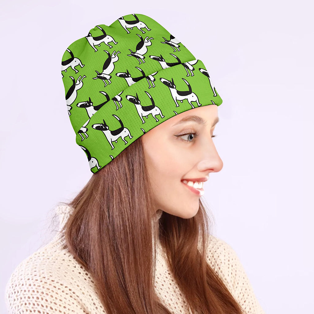 Green Doodle Bull Terrier Pattern Print Beanie