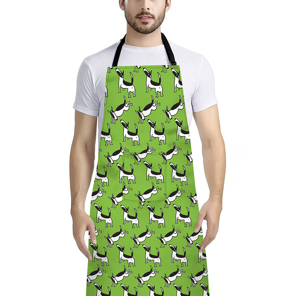 Green Doodle Bull Terrier Pattern Print Bib Apron With Pocket