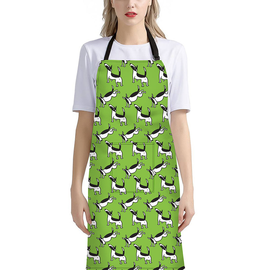 Green Doodle Bull Terrier Pattern Print Bib Apron With Pocket