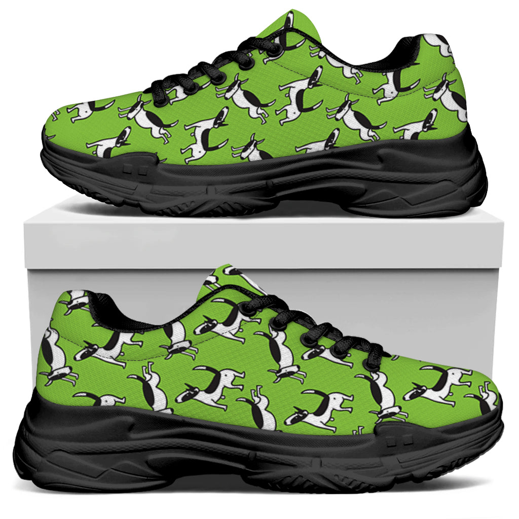 Green Doodle Bull Terrier Pattern Print Black Chunky Shoes
