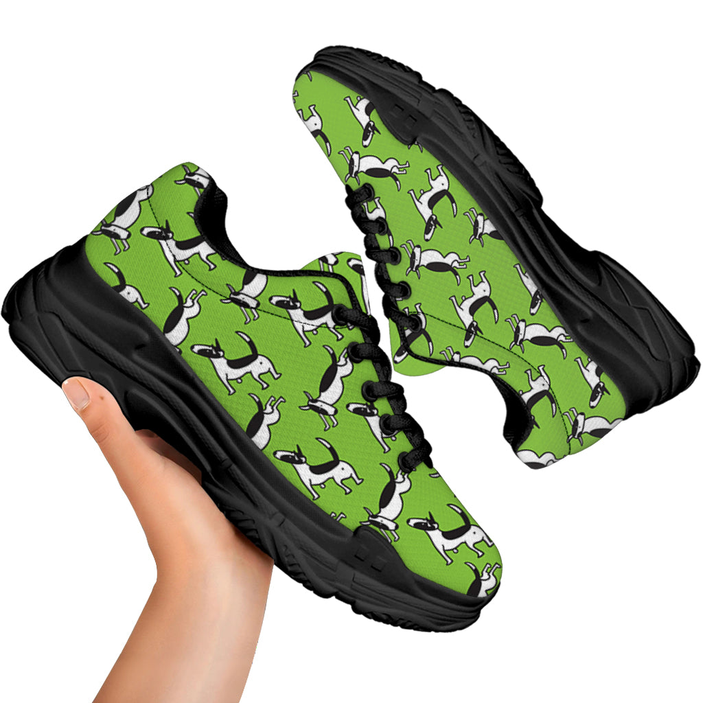 Green Doodle Bull Terrier Pattern Print Black Chunky Shoes