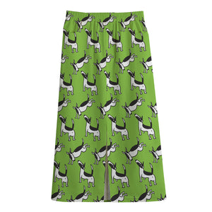 Green Doodle Bull Terrier Pattern Print Cotton Front Slit Maxi Skirt