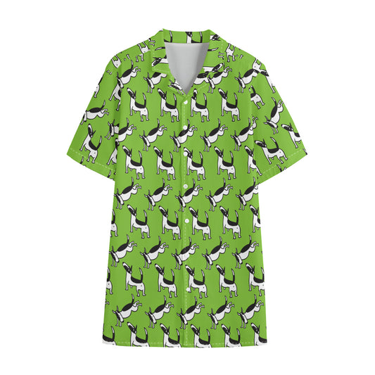Green Doodle Bull Terrier Pattern Print Cotton Hawaiian Shirt