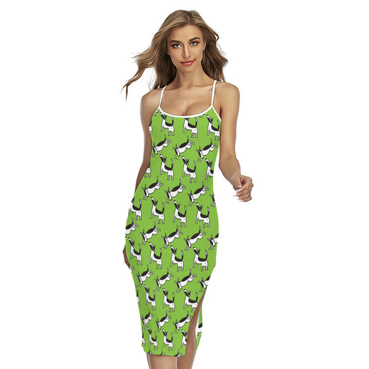 Green Doodle Bull Terrier Pattern Print Cross Back Cami Dress