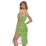 Green Doodle Bull Terrier Pattern Print Cross Back Cami Dress