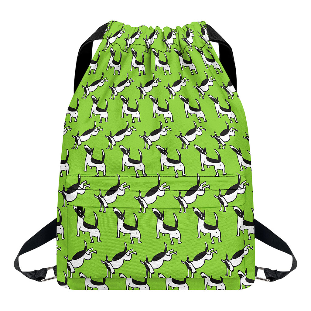Green Doodle Bull Terrier Pattern Print Drawstring Backpack