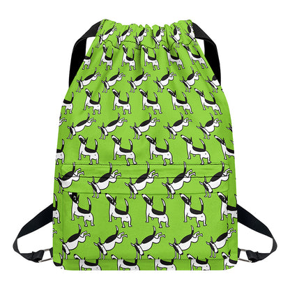 Green Doodle Bull Terrier Pattern Print Drawstring Backpack