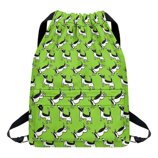 Green Doodle Bull Terrier Pattern Print Drawstring Backpack