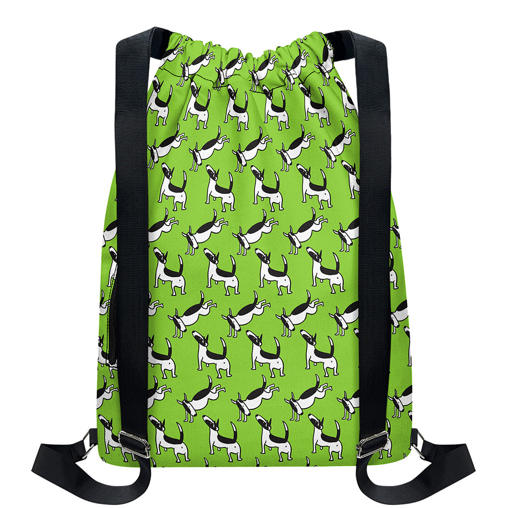 Green Doodle Bull Terrier Pattern Print Drawstring Backpack