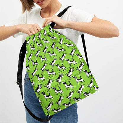 Green Doodle Bull Terrier Pattern Print Drawstring Backpack