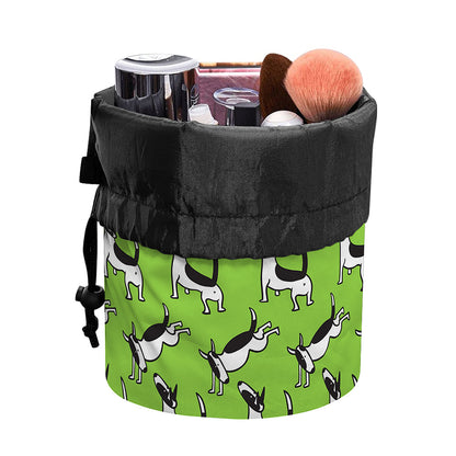 Green Doodle Bull Terrier Pattern Print Drawstring Makeup Bag