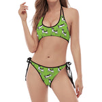 Green Doodle Bull Terrier Pattern Print Halter Scoop Tie Side Bikini