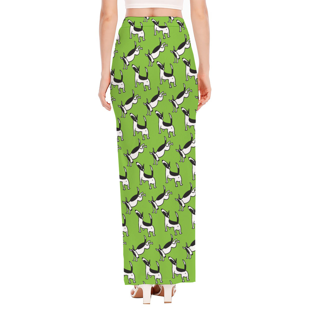 Green Doodle Bull Terrier Pattern Print High Slit Maxi Skirt