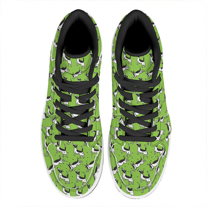 Green Doodle Bull Terrier Pattern Print High Top Leather Sneakers