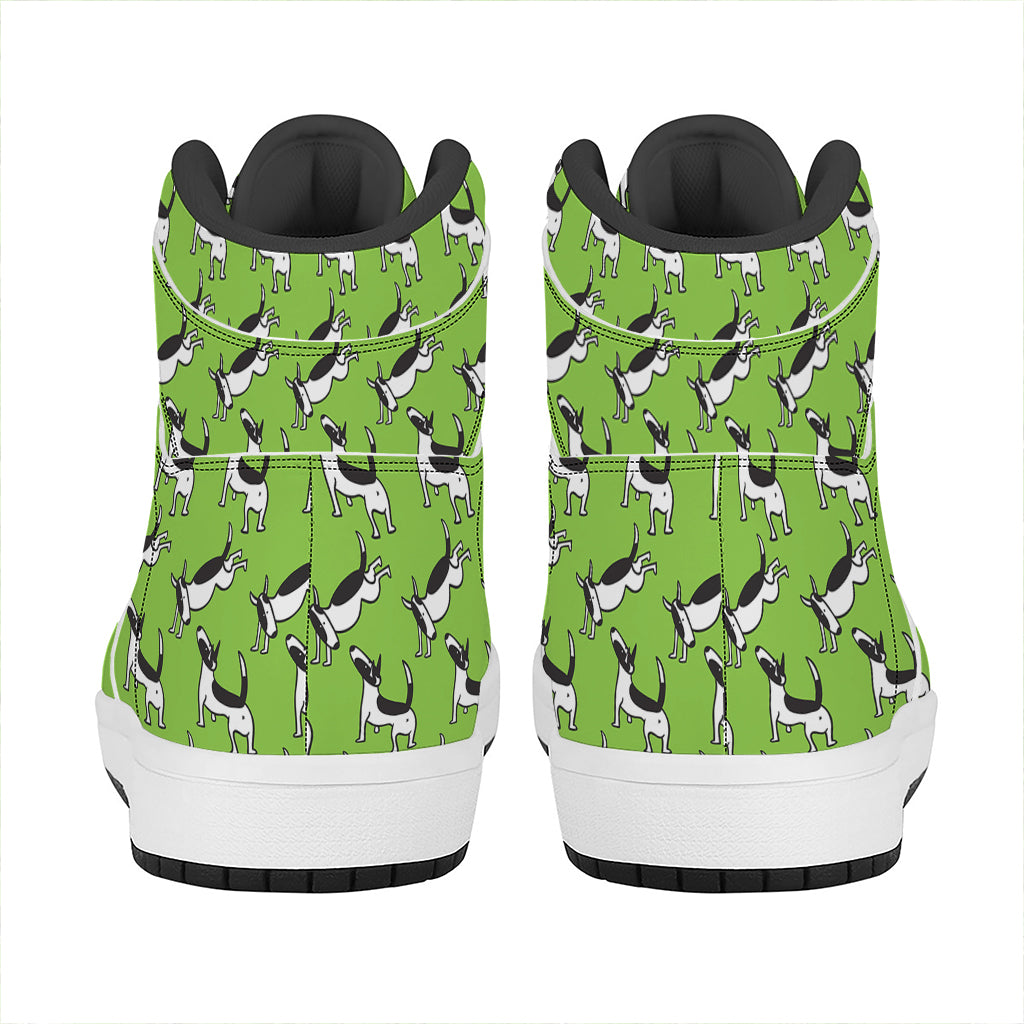 Green Doodle Bull Terrier Pattern Print High Top Leather Sneakers