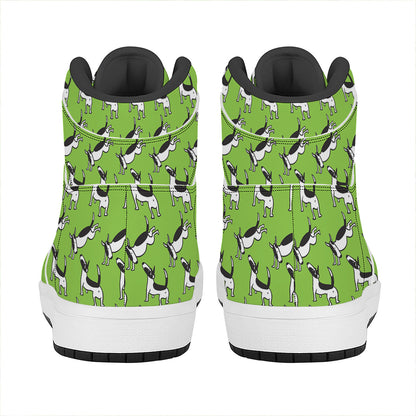 Green Doodle Bull Terrier Pattern Print High Top Leather Sneakers