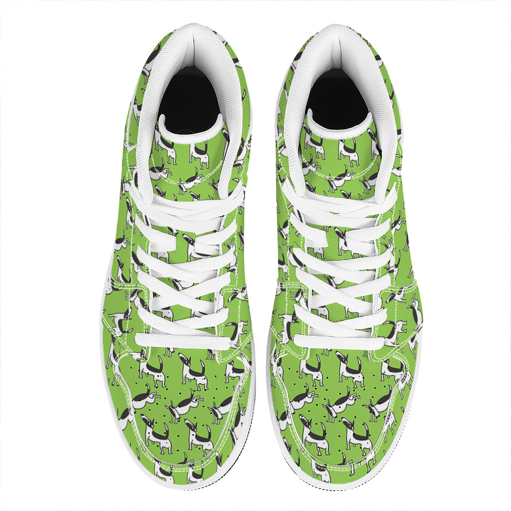 Green Doodle Bull Terrier Pattern Print High Top Leather Sneakers